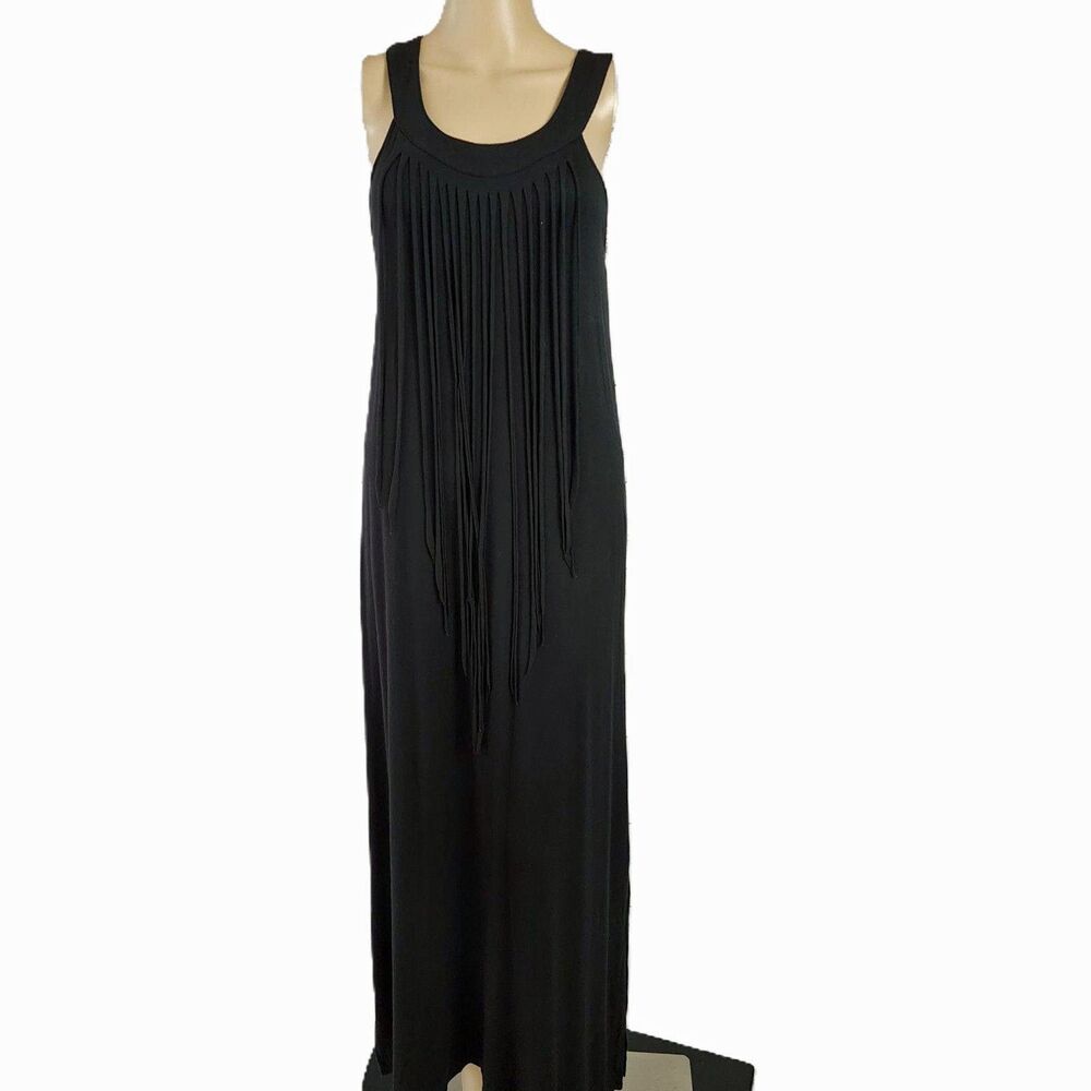 Kensie Black Fringe Front Sleeveless Maxi Dress Boho Western - Small